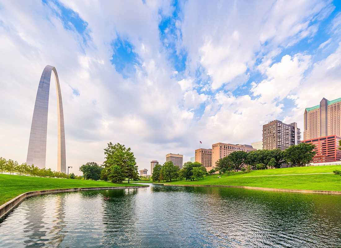 Saint Louis, MO - Aerial View of Saint Louis, MO With Large Concrete Arc and a Green Park